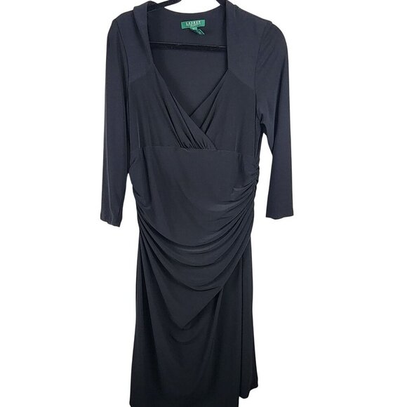 Ralph Lauren sz 14 women black  dress  faux wrap surplice neckline - Picture 1 of 13